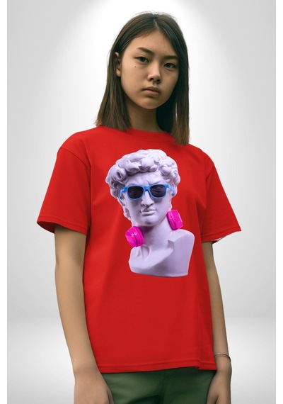 Kulaklık Gözlük Pop Art Heykel Pamuklu Bisiklet Yaka Unisex Oversize Boyfriend Dijital Baskılı Kırmızı T-shirt Kırmızı