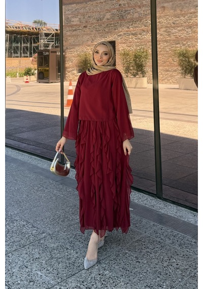 Riella Butik Mirel Volanlı Tesettür Takım Kırmızı