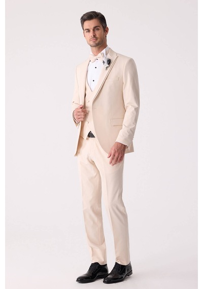 Ysf Erkek Slim Fit Sivri Yaka Yelekli Damatlık Bej