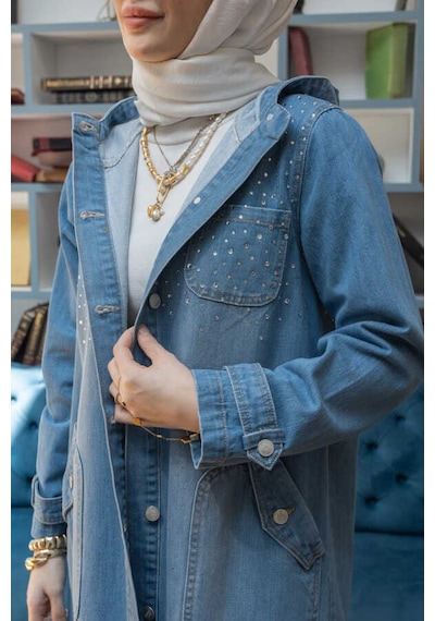 6329-taşlı Denim Kapşonlu Kap Mavi Mavi