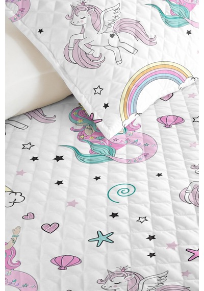 Evimde Bambaşka Unicorn Gökkuşağı Pudra Pembe Kız Çocuk Pike Takımı-deniz Kızı Mint Bebek Yatak Örtüsü - 160x220  CM