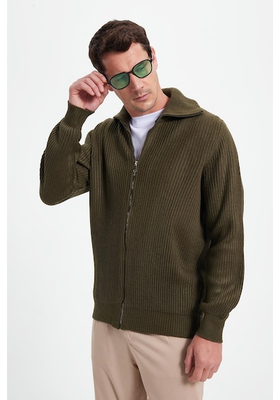 Tudors Erkek Slim Fit Dik Yaka Fermuarlı Haki Düz Hırka-42317 Haki