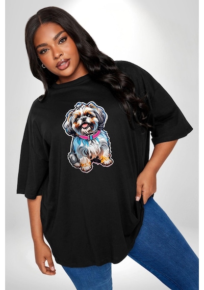 Angemiel Shih Tzu Renkli Köpek Siyah Büyük Beden Erkek Kadın Unisex Basic Ön Baskılı Tişört Siyah