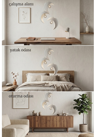 3 Lü Beyaz Hilal Sarkıt Avize - Dekoratif Modern Tasarım E27 Duy Lamba - Ayarlanabilir Boy Antre Aydınlatma