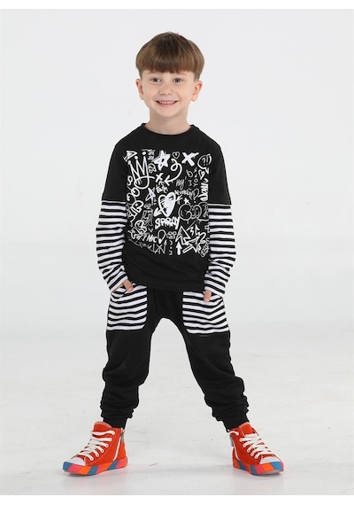 Casabony Grafiti Erkek Çocuk Pantolon + T-shirt Takım-siyah Siyah