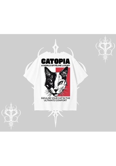 Tarzsokak Modern Kedi Temalı Arka Baskılı Oversize Tshirt Beyaz