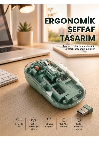 Bluetooth Ve 2.4g Usb Destekli Pilli Kablosuz Şeffaf Mouse Yeni Nesil Diğer