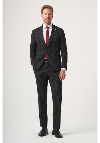 İmza Siyah Mono Yaka Çizgili 6 Drop Slim Fit Tam Astar Esnek Takım Elbise 1001260149