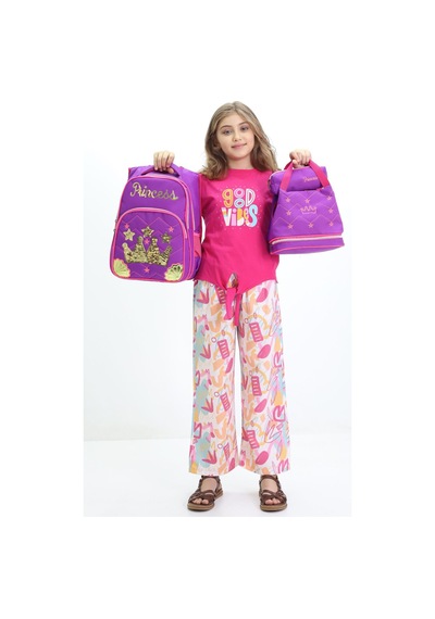 Lugmo Princess 3 Lü Ortaokul Çanta Seti İlkokul Çantası Komple Astarlı Mor Mor