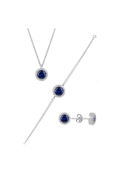 Gümüş Rodyumlu Zirkon Ve Safir Taşlı Pırlanta Modeli Üçlü Set