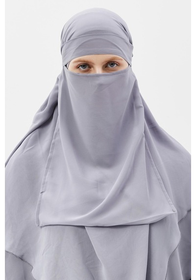 Altobeh Hazır Pratik Şifon Üç Katlı Peçeli Üçgen Hac Umre Şalı Sufle Hijab Nikap Gri