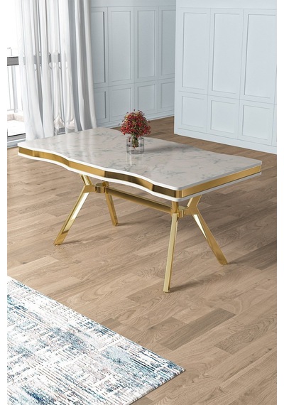 Canisa Concept Prah Serisi 90x160 Lak Panel Beyaz Mermer Desen Gold Ayak Masa Takımı 6 Krem Sandalye Beyaz Mermer Desen Masa Sandalyeler Krem