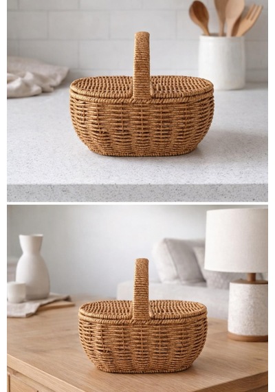 Oval Hasır Rattan Mini Kulplu Organizer Sepet,masaüstü Ekmeklik,banyo Düzenleyici Kahverengi
