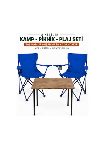 2 Sandalyeli Katlanır Kamp Masa Sandalye Seti 60x45 Cm 3 Parça Mavi