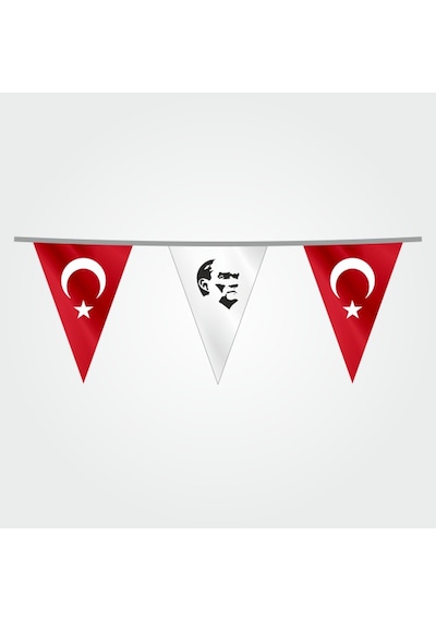 İpe Dizili Süsleme Üçgen Ata Ve Türk Bayrağı 100 Metre Tek Ebat