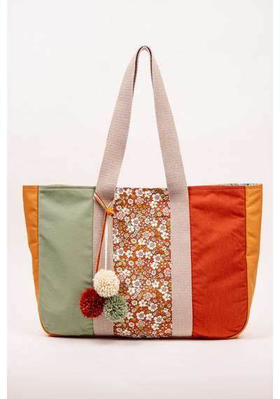 Fabric Craft Bag Omuz Çantası Kadın Duck Kumaş Desenli Büyük Boy Günlük Çanta Turuncu - Yeşil