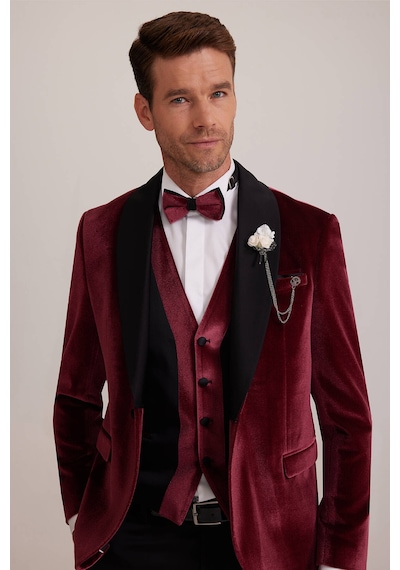Ysf Erkek Bordo Şal Yaka Yelekli Slim Fit Damatlık
