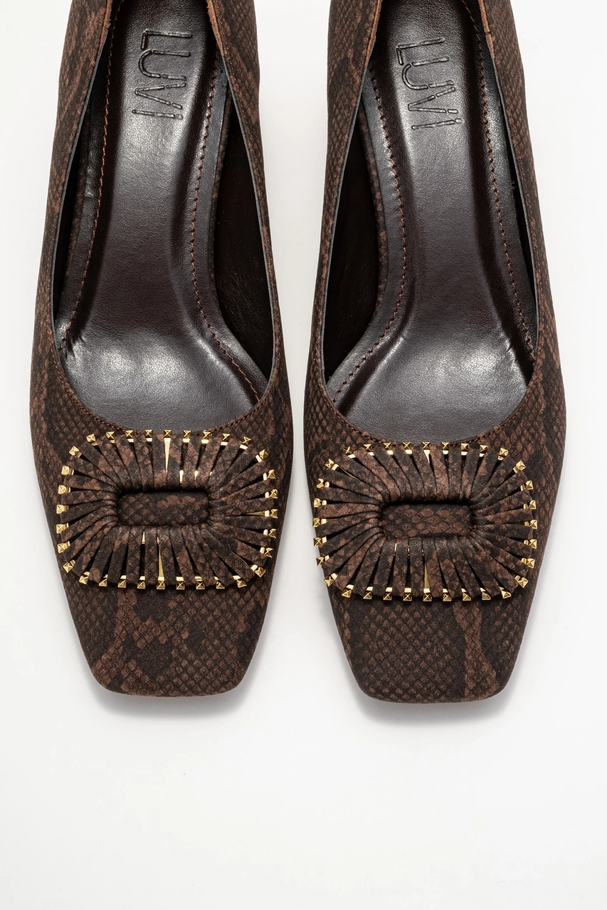 Luvishoes Luvi Shoes Velora Kahverengi Desenli Tokalı Kadın Kalın Topuklu Ayakkabı Kahverengi