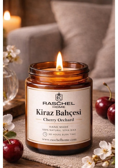 Raschel Home %100 Doğal Dekoratif Premium Extra Yoğun Esans Kokulu 170 Cc Kavanoz Mum 30 Saat Yanma Kiraz Bahçesi