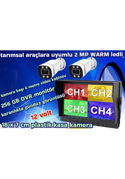 Tarım Araçlarına Özel 2 Adet Ahd 2 Mp Warm Ledli Kamera 7 İnç Qled Ips 256 Gb Dvr Monitör 12 Volt