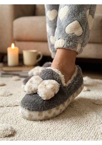 Nmoda Kadın Fiyonklu Yumuşak Peluş Panduf İçi Kürklü Kaymaz Taban Kışlık Sıcak Tutan Ev Terliği Ev Botu Gri
