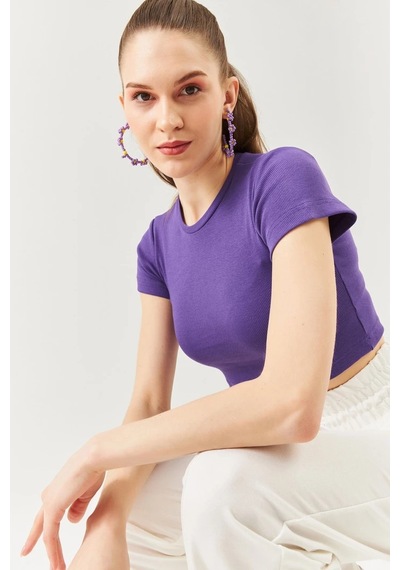 Butikgiz Kadın Kısa Kol Bisiklet Yaka Vücuda Oturan %100 Pamuklu Kaşkorse Esnek Crop Bluz Mor