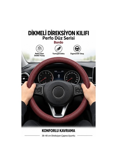 Trobus Volkswagen Taigo 2021-2025 Uyumlu Dikmeli Direksiyon Kılıfı Perfo Düz Delikli Deri Bordo