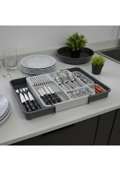 Çekmece İçi Sürgülü Çatal Kaşık Ve Bıçaklık Organizeri - Genişleyebilir Modüler Mutfak Düzenleyici Açık 55 Cm, Kapalı 34 Cm - Açık Gri Ve Antrasit Renk Abanoz
