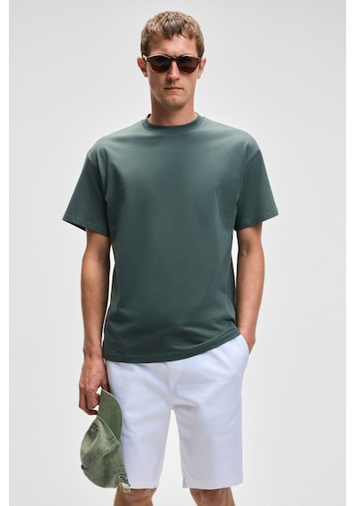 Grımelange FEON Erkek Oversize Geniş Kesim %100 Organik Pamuk Kalın Dokulu Yuvarlak Yaka Koyu Yeşil T-Shirt