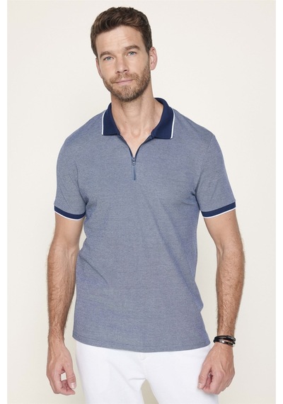 Tudors Erkek Slim Fit Dar Kesim Pamuklu Fermuarlı Lacivertvert Polo Yaka Tişört-27589-Lacivertvert Lacivert