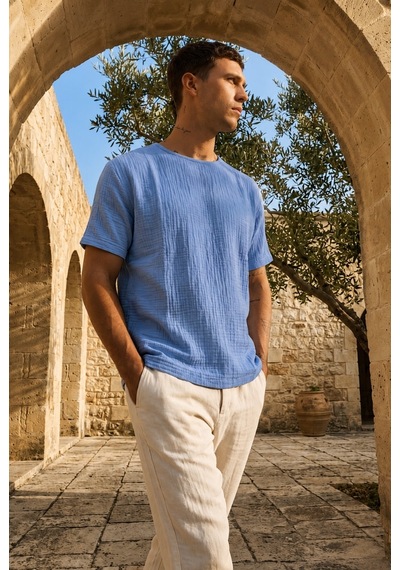 Combattente Exclusive Products Kısa Kol Oversize Müslin Erkek Tshirt - 2026 Erkek Tişört Kreasyonu Mavi