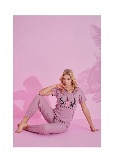 Rindahomewear Kadın Fitilli Kısa Kol Pijama Takımı Gül Kurusu