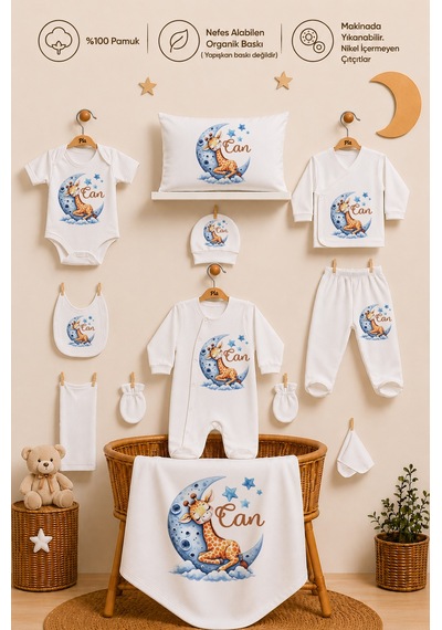 Pia Baby Erkek Bebek Hastane Çıkışı 11 Parça %100 Pamuk Kişiye Özel İsimli Organik Baskılı Set 1038113x Ekru