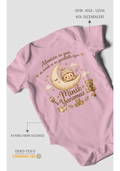 Morivokids Ailemizin En Yeni Yazılı Kısa Kollu Bebek Body %100 Pamuk Koyu Pembe