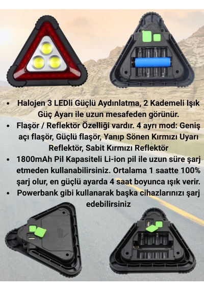 Üçgen Led Reflektör, 1800mah Şarj Edilebilir Pil, Güçlü