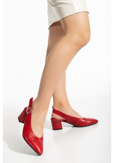 Analin Shoes Kadın Hakiki Deri Bilekten Bağlı Toka Detaylı Topuklu Ayakkabı Kırmızı