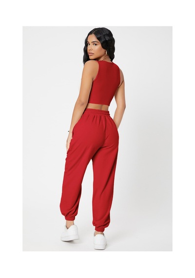 Fantezia Night Kadın Siyah Kaşkorse Cepli Jogger Eşofman Altı Ve Crop Top Bluz Kırmızı