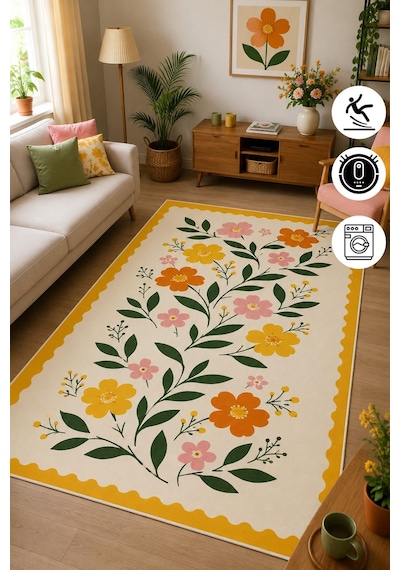 Renkli Floral Desen Sarı Çerçeveli Baskılı Kaymaz Yıkanabilir Salon Oturma Odası Mutfak Balkon Halısı Yolluk
