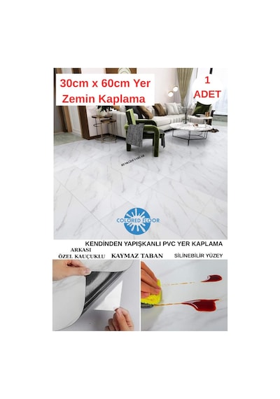 30cm X 60cm 1 Adet Yapışkanlı Colored-605 Floor Pvc Panel Yer Zemin Kaplama Paneli Arkası Kauçuklu
