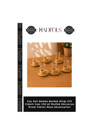 Çay Seti Bambu Bardak Altığı Çift Cidarlı Cam 150 Ml Mutfak Züccaciye İkram Takımı Masa Aksesuarları Şeffaf