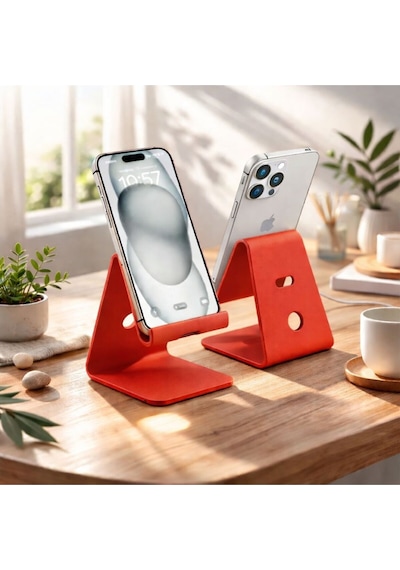 Basartstudio Geometrik Telefon Standı - 3d Tasarım Masaüstü Telefon Tutucu Kırmızı Kırmızı