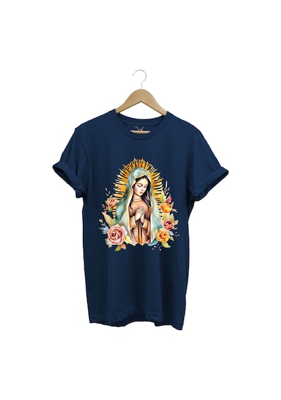 Renkli Meryem Ana Baskılı %100 Pamuk Regular Fit Bisiklet Yaka Lacivert T-shirt Lacivert