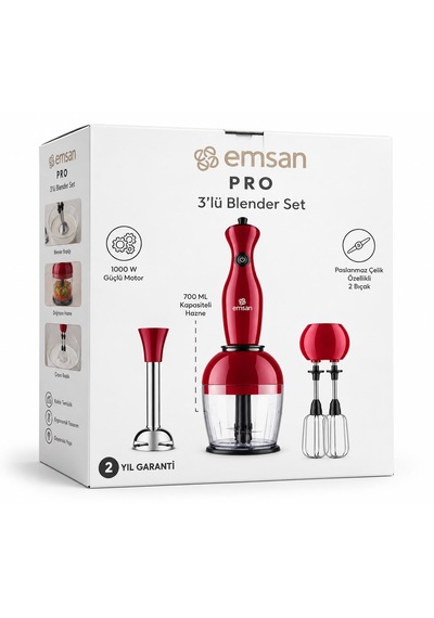 Emsan Pro 3'lü Blender Seti Kırmızı - 1000 W Güçlü Motor & 700 Ml Hazne
