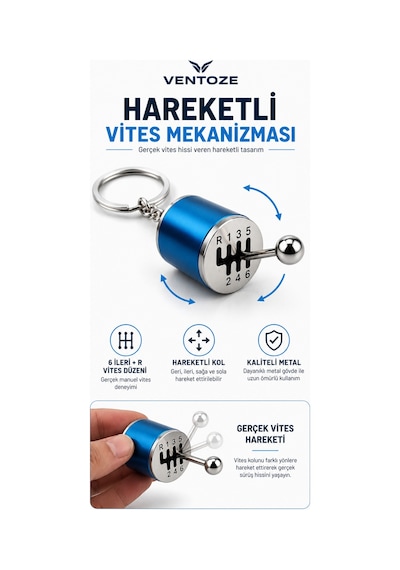 Hareketli Vites Topuzu Tasarımlı Metal Anahtarlık 6 İleri R Oto Aksesuar Mavi Metal