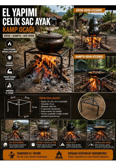 El Yapımı Çelik Sacayağı, Kamp Ocağı, Piknik Ocağı, Kışlık Hazırlama Ocağı, Köylü Ocağı, Odun Ocağı Siyah