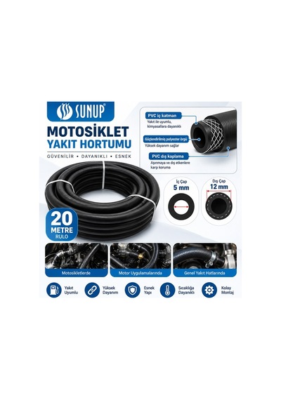 Sunup Sn-38807 20 Metre 12mm Motosiklet Araç Yakıt Hortumu Rulo Esnek Güçlendirilmiş