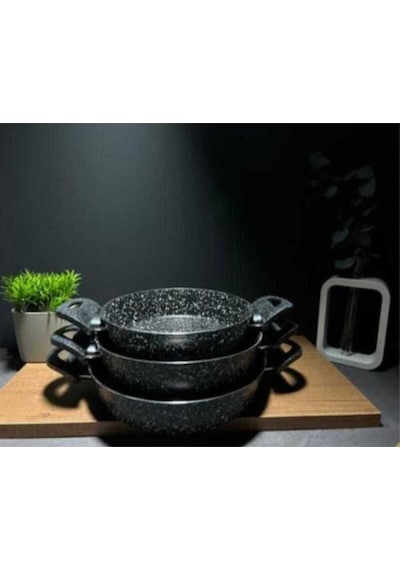 Dayanıklı Siyah Granit 3 Lü Tava Seti 20-22-24 Cm Isıya Dayanıklı, Şık Tasarım Siyah