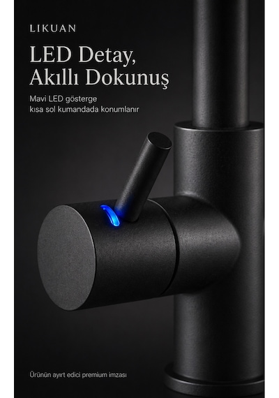 3 Yollu Mutfak Bataryası Sıcak Soğuk Ve Filtreli Su Bir Arada Led Göstergeli Tri-flow Kuğu Boynu Musluk Nkdp3212cp Siyah