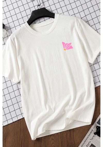 Spoyi Yaz Çiçeği Tasarımlı %100 Pamuk Yarım Oversize Beyaz T-shirt