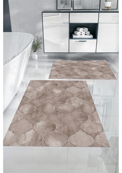 Buççin Online Mağaza Dijital Baskılı Yıkanabilir Kaymaz Taban Kupa Desenli Banyo Paspası Klozet Takımı Polyester Kahveren Çok Renkli